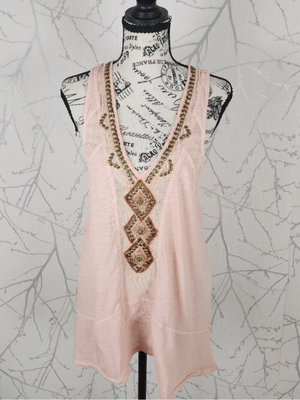 Free People Pale Pink Beaded Sequin Focus On Centre Tank